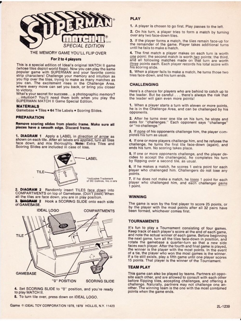 1979 Superman Match II Special Edition Instructions Ideal Toy Original Sheet DC